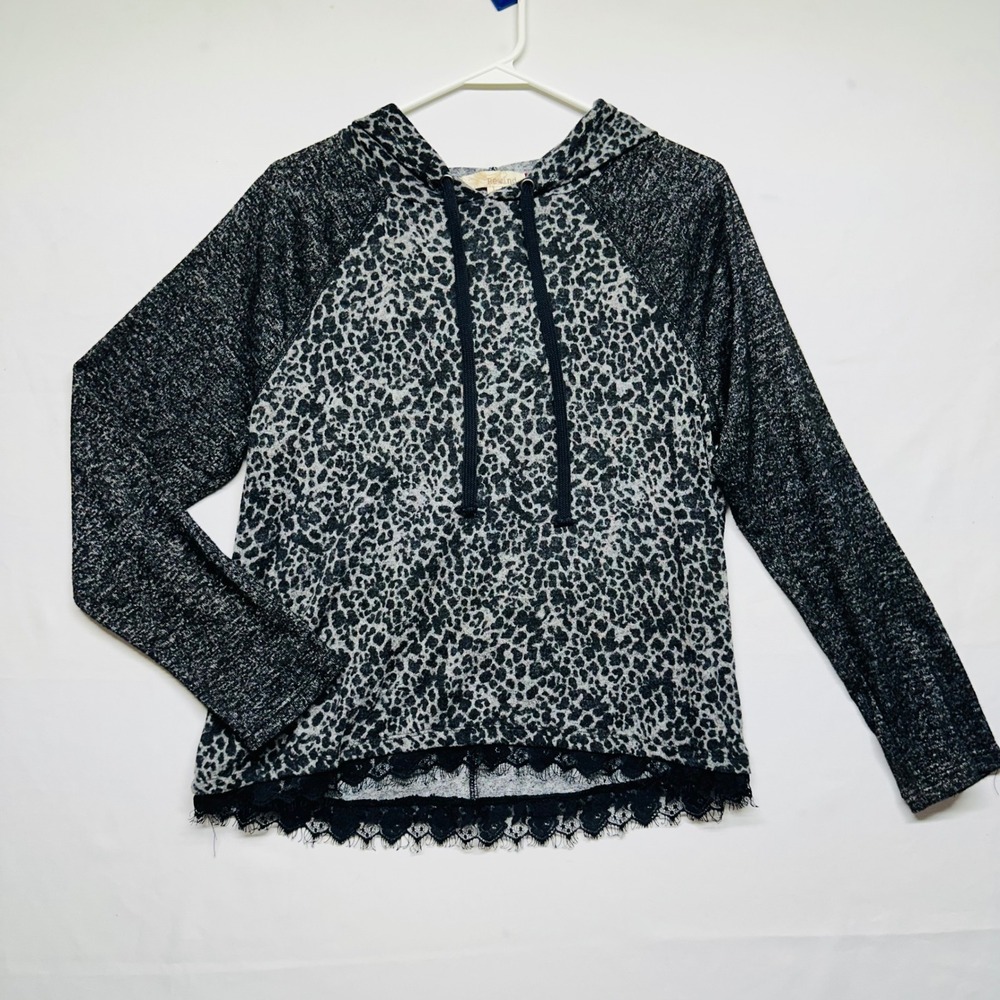 Rewind Black Lace Trim Hoodie Black Leopard Animal Print Ultra Soft Womens Large
